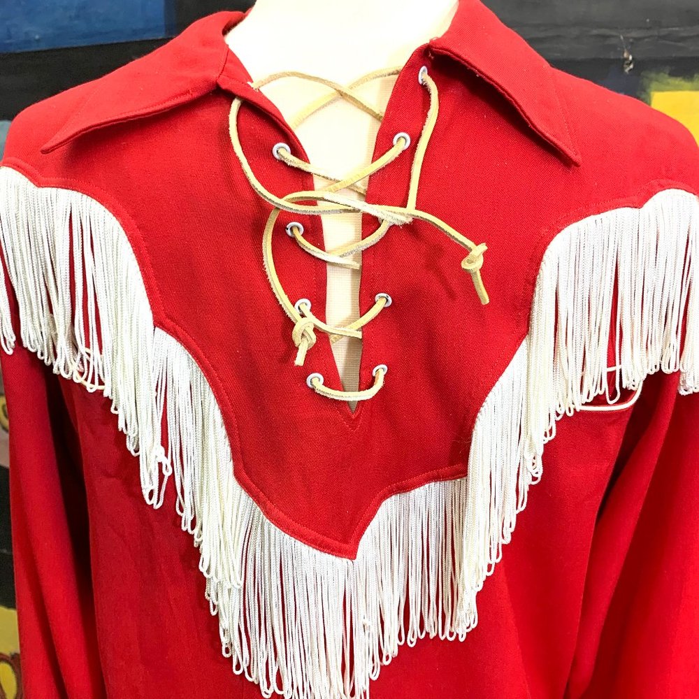 Cowboy Western Mens Shirt, Red with white Fringe
